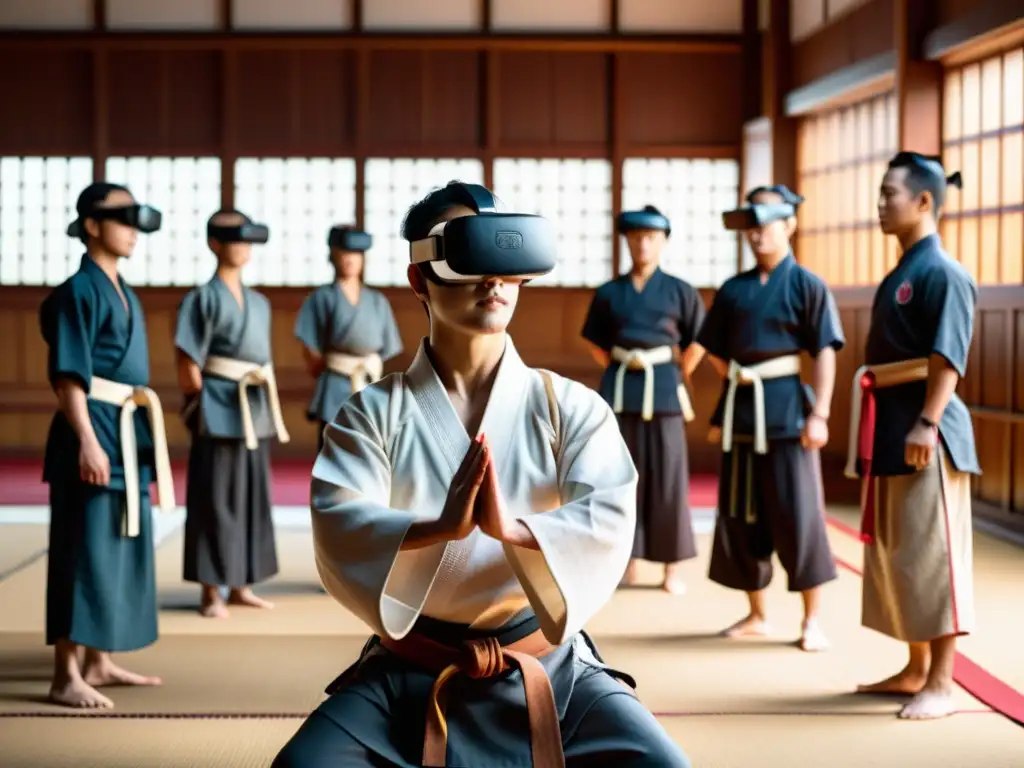 Entrenamiento marcial realidad virtual en antiguo dojo con maestros y estudiantes