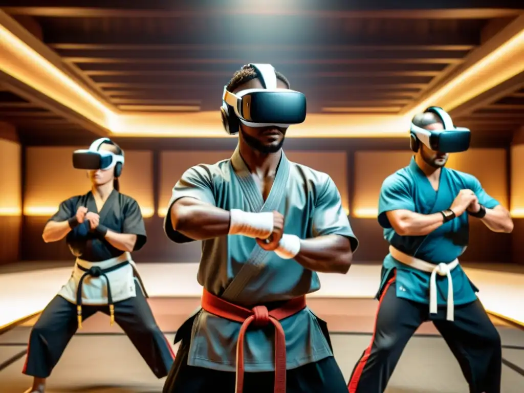 Entrenamiento marcial realidad virtual: Practicantes de artes marciales usando visores VR en un dojo virtual, concentrados y sudorosos