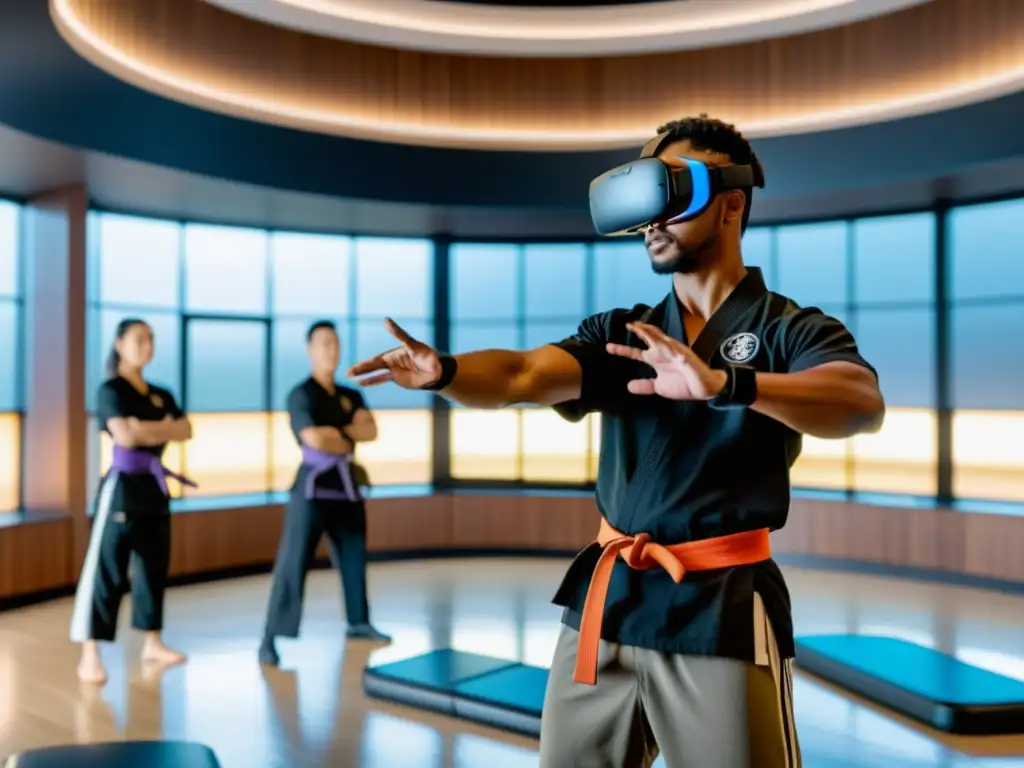 Entrenamiento marcial realidad virtual: Instructor y estudiantes practican artes marciales en un dojo futurista con tecnología de realidad virtual