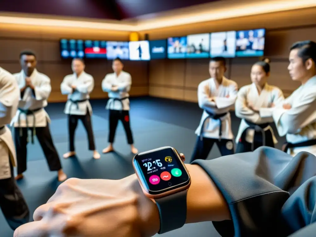 Entrenamiento marcial con smartwatches en un dojo, fusionando tradición y tecnología