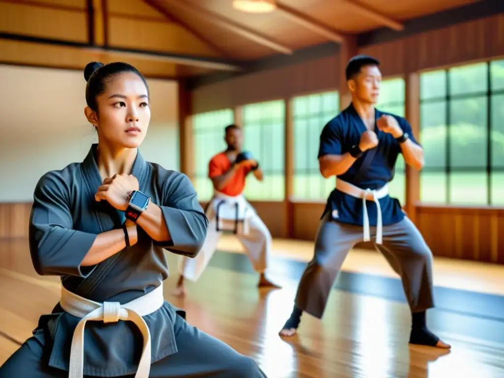 Entrenamiento marcial con smartwatches, fusión de tradición y tecnología moderna en un dojo ambientado