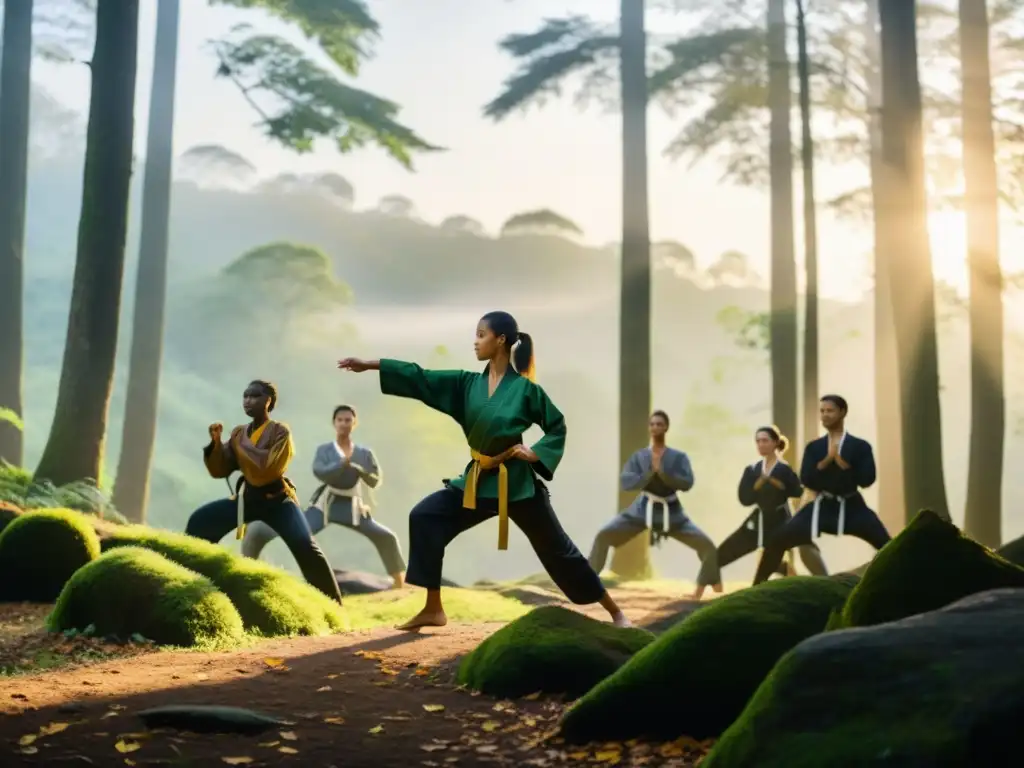 Entrenamiento marcial sostenible online en un bosque sereno y verde, con un instructor y estudiantes practicando movimientos precisos entre la neblina matutina