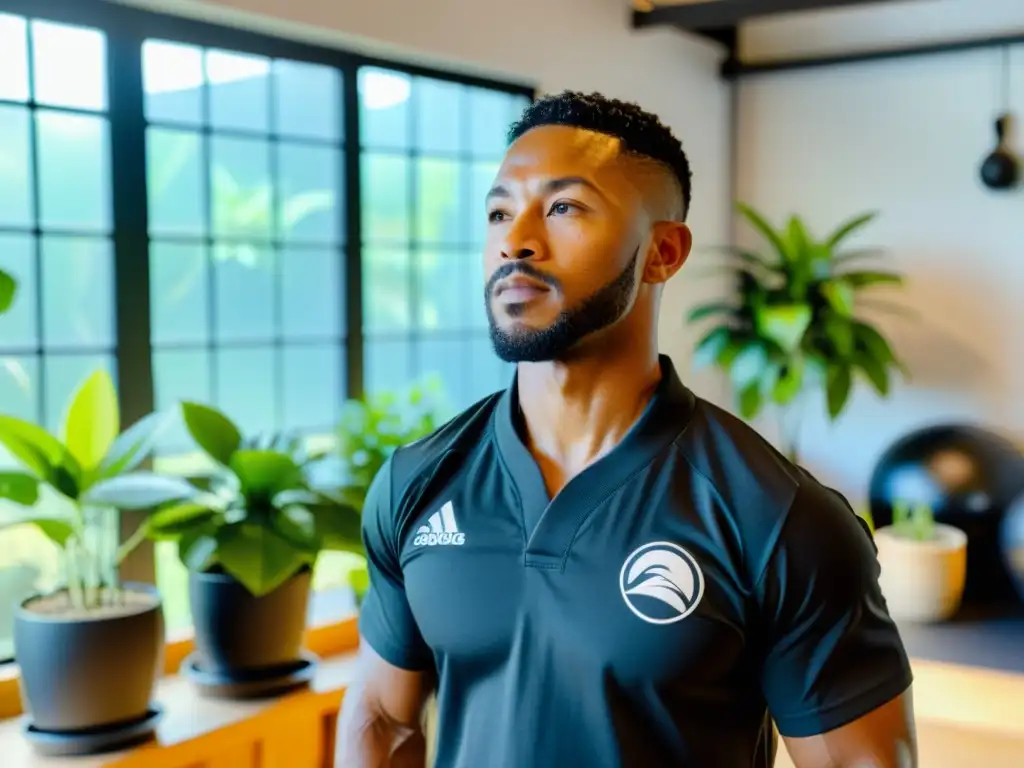 Entrenamiento marcial sostenible online: instructor lidera sesión virtual en estudio ecofriendly, rodeado de plantas y equipo sostenible