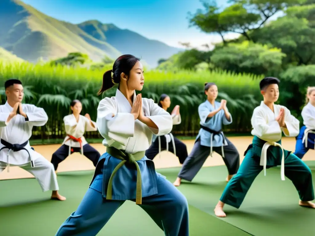Entrenamiento marcial sostenible online: Instructor guía a estudiantes en movimientos fluidos en dojo al aire libre, rodeado de naturaleza exuberante