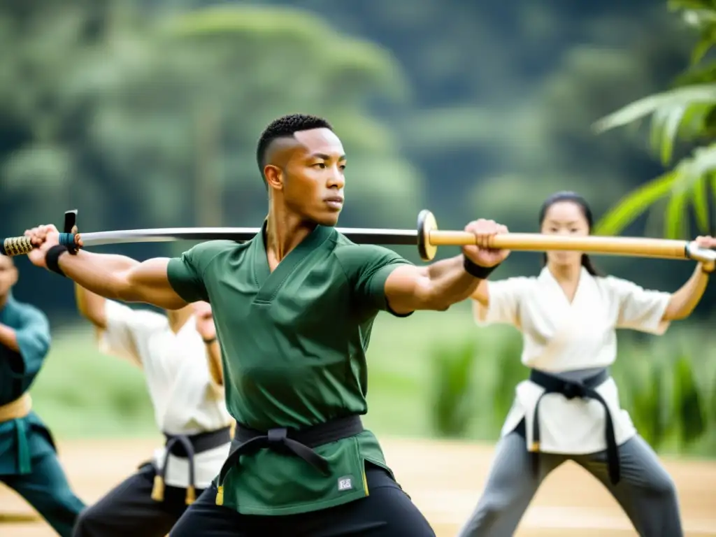 Entrenamiento marcial sostenible online: Entrenador lidera a estudiantes en naturaleza con equipamiento eco-amigable