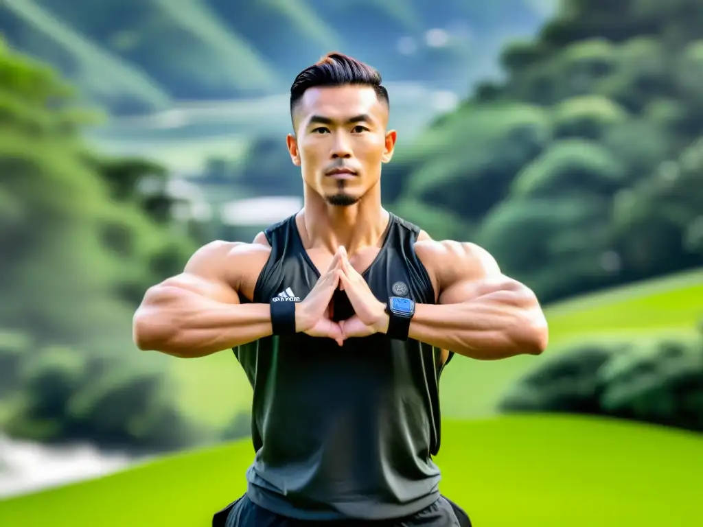 Entrenamiento marcial sostenible online: El personal trainer lidera una sesión de artes marciales en la naturaleza, con ropa ecofriendly