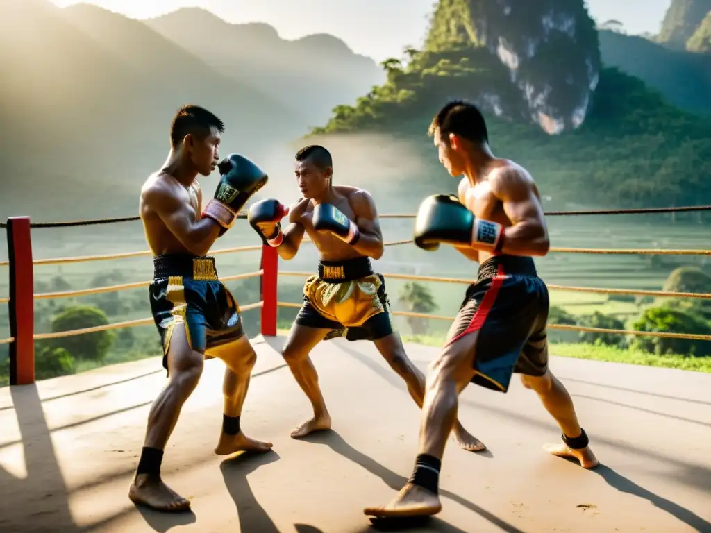 Entrenamiento matutino de luchadores de Muay Thai en gimnasio rural tailandés con montañas neblinosas al fondo