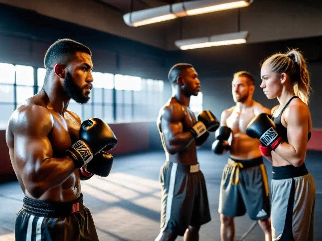 Entrenamiento de MMA intenso en un gimnasio urbano, con luchadores preparándose y un coach dando instrucciones