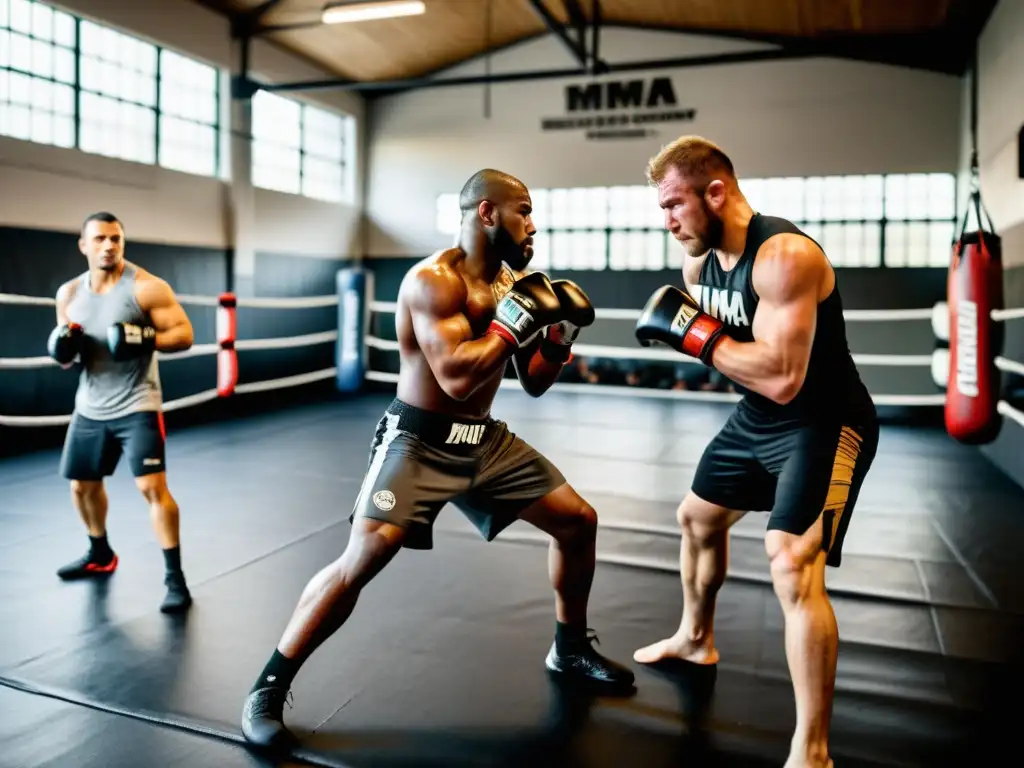 Entrenamiento MMA intenso en gimnasio urbano, luchadores sudorosos y enfocados bajo la mirada atenta del entrenador