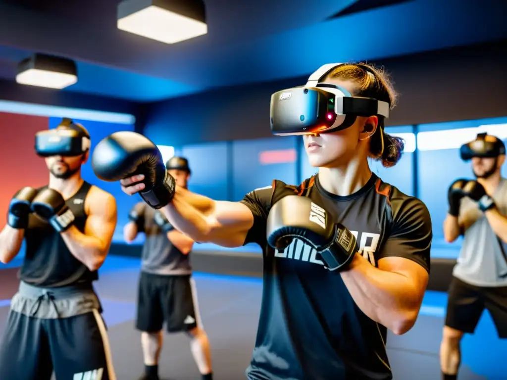 Entrenamiento de MMA en realidad virtual: luchadores enfo-cados usan auriculares VR y guantes en un gimnasio de alta tecnología