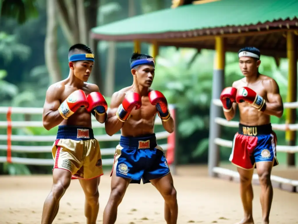 Entrenamiento de Muay Thai en Tailandia: Grupo de luchadores realiza la danza ritual Wai Kru Ram Muay en un campamento tradicional