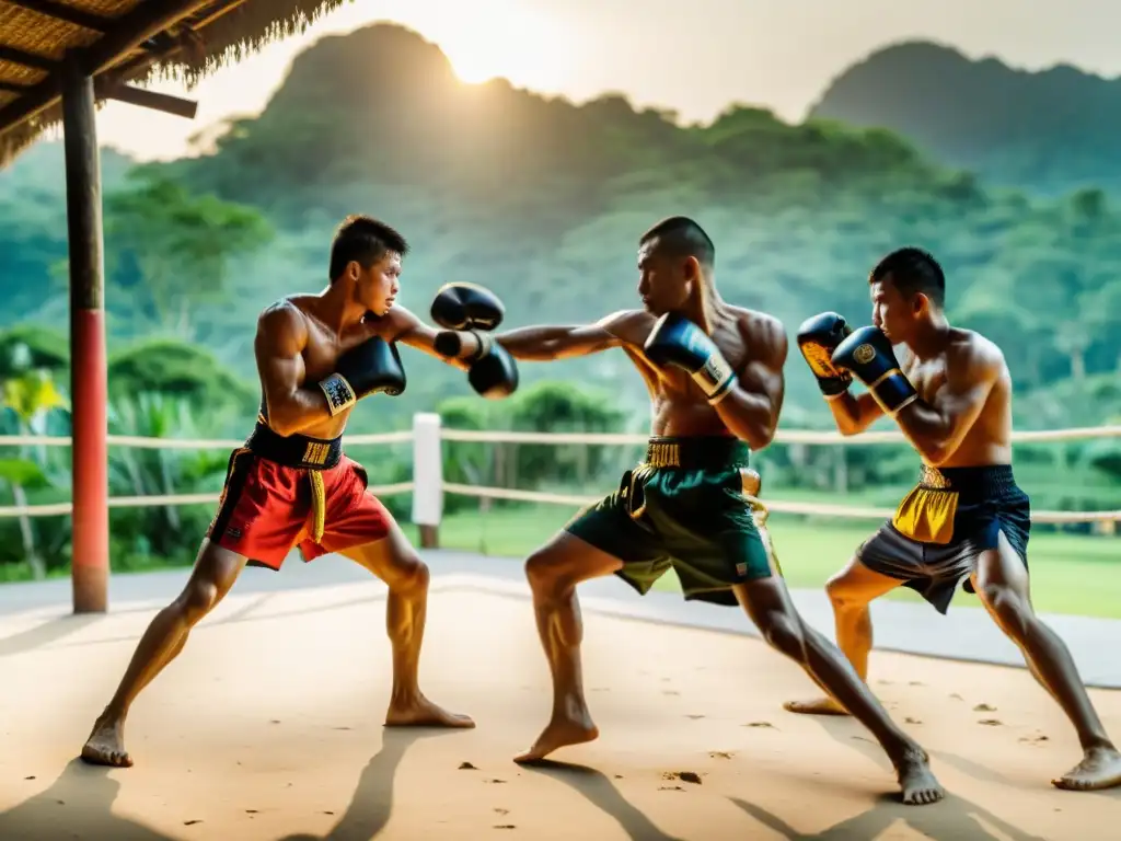 Entrenamiento de Muay Thai en Tailandia: Luchadores practican con determinación en un campamento al aire libre, rodeados de exuberante vegetación y la luz dorada del atardecer, mostrando la energía cruda de este antiguo arte marcial