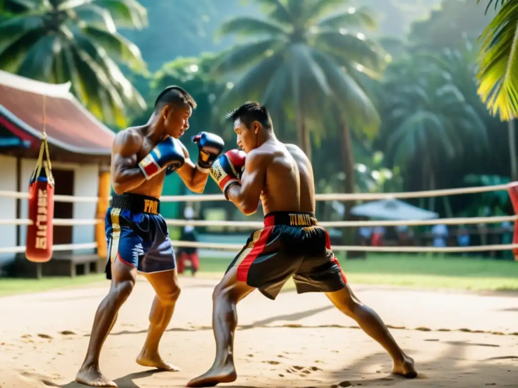 Entrenamiento de Muay Thai en Tailandia: Practicantes de Muay Thai entrenan bajo el sol en un gimnasio al aire libre, con montañas y palmeras de fondo