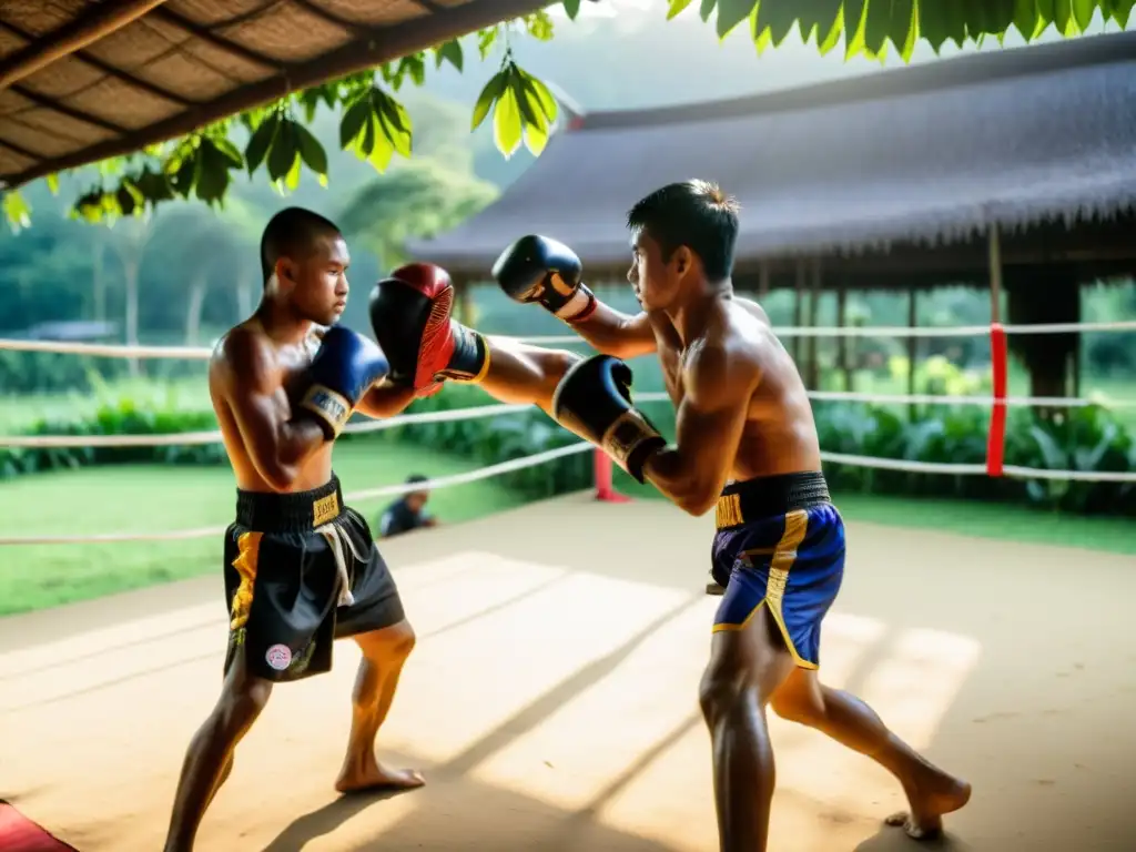 Entrenamiento de Muay Thai en Tailandia: Luchadores dedicados perfeccionando técnicas en un campamento tradicional rodeados de exuberante naturaleza