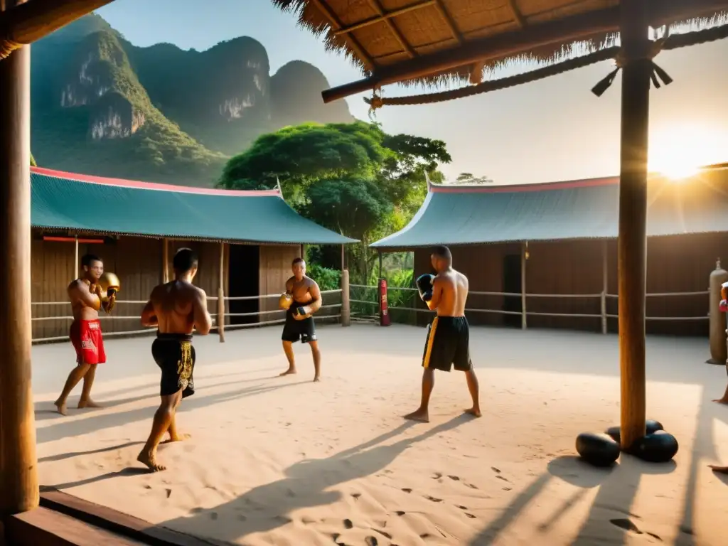 Entrenamiento de Muay Thai al atardecer en un campamento tropical, inspirando la construcción de un campamento Muay Thai para principiantes