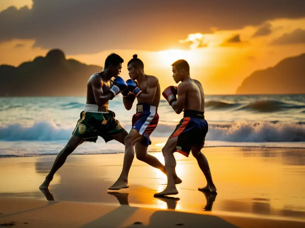 Entrenamiento de Muay Thai al atardecer en la playa de Tailandia, con siluetas poderosas y energía cruda