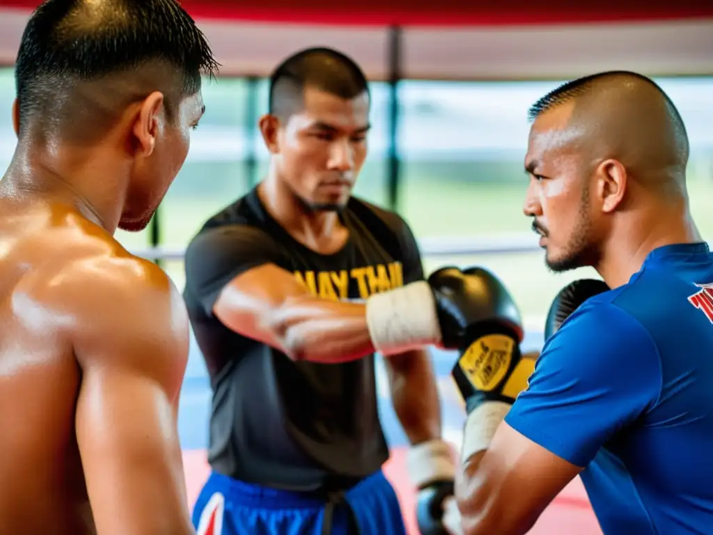 Entrenamiento Muay Thai intenso en un gimnasio con instructor y estudiantes concentrados ejecutando técnicas de combate