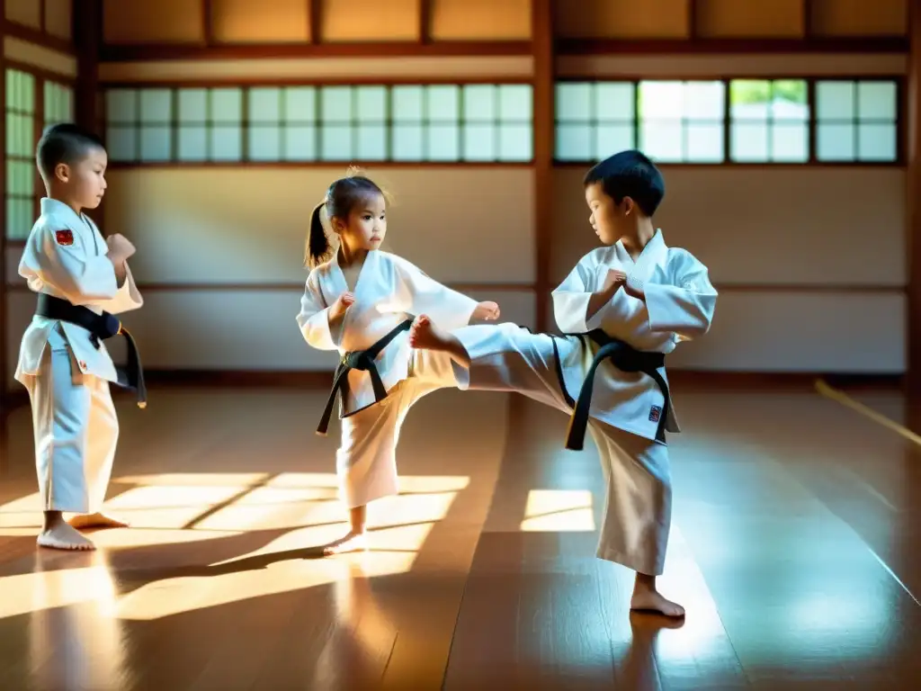 Entrenamiento de niños en artes marciales, supervisados por un sensei, en un dojo soleado