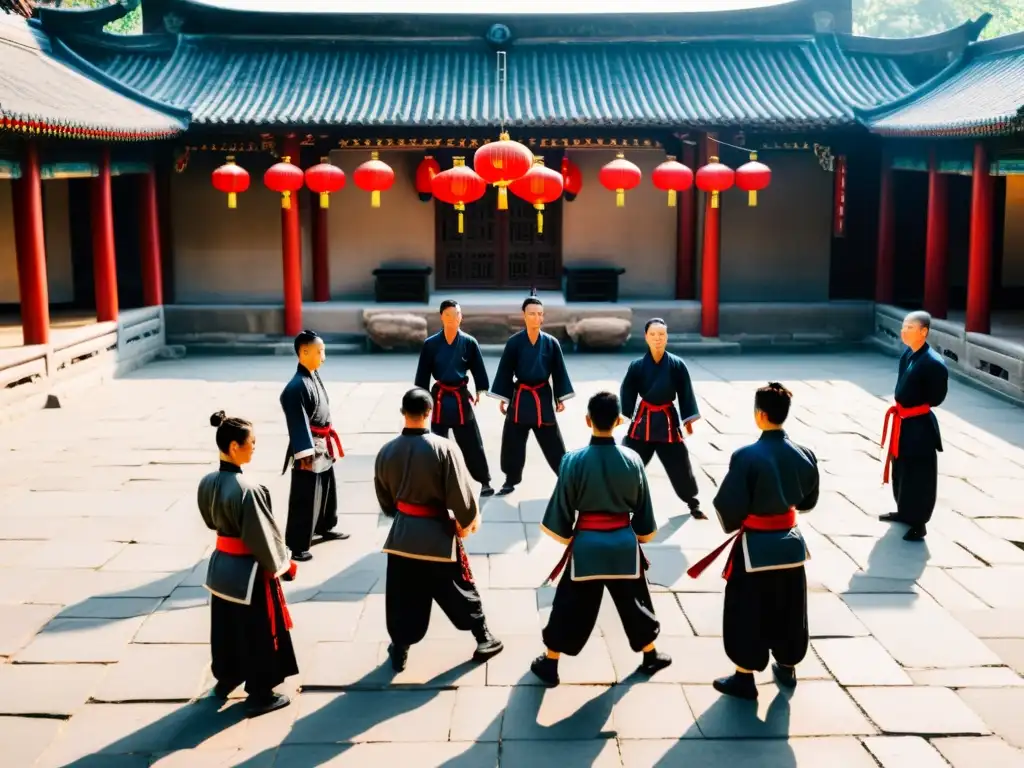 'Entrenamiento de Wing Chun en un patio chino, con luz solar entre las tejas