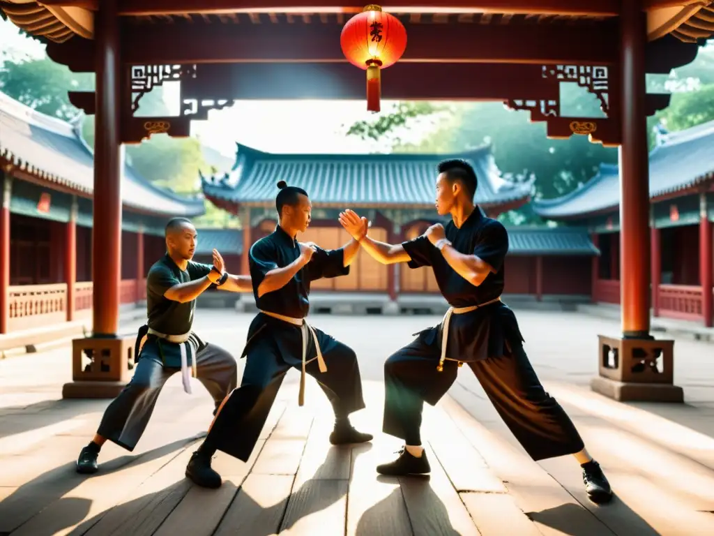 Entrenamiento de Wing Chun en un patio tradicional chino con disciplina y enfoque