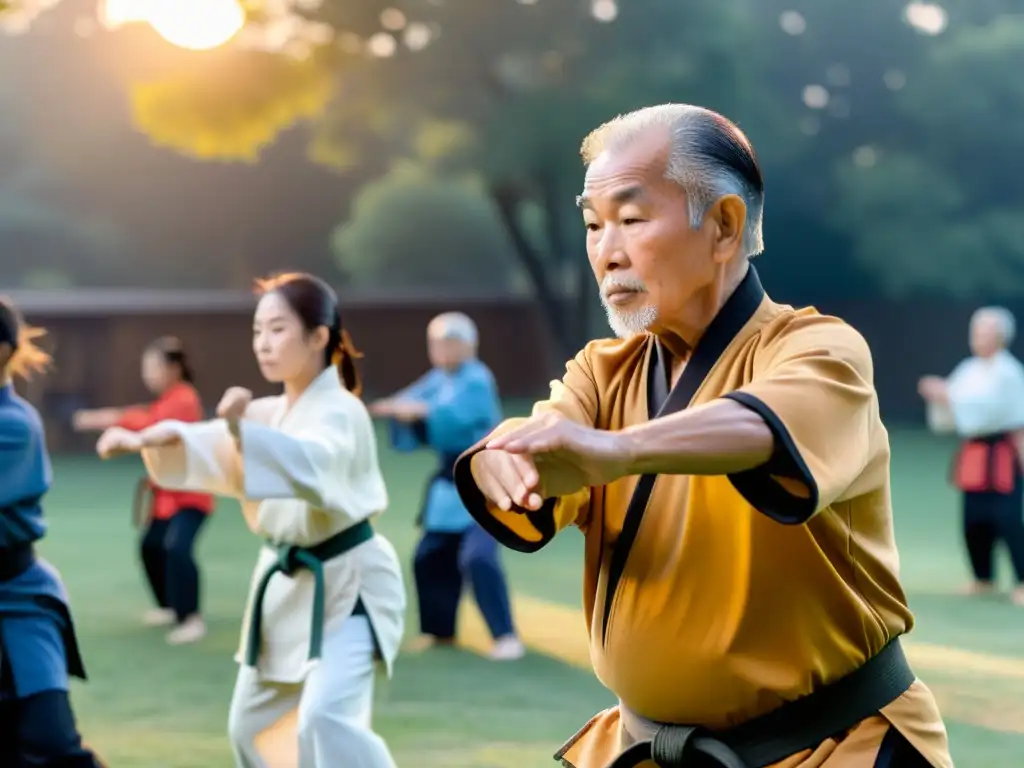 Entrenamiento personalizado de artes marciales para mayores: Instructor guía a adultos mayores en movimientos serenos al atardecer