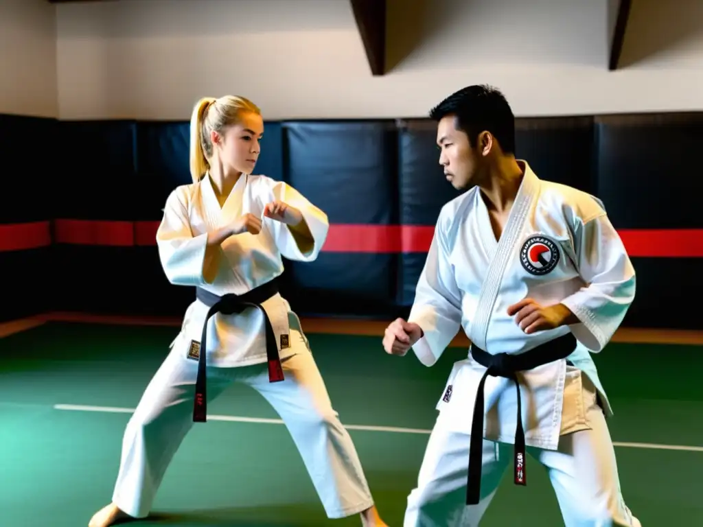 Entrenamiento personalizado en karate: instructor y estudiante en sesión intensa, reflejando disciplina y dedicación en el dojo