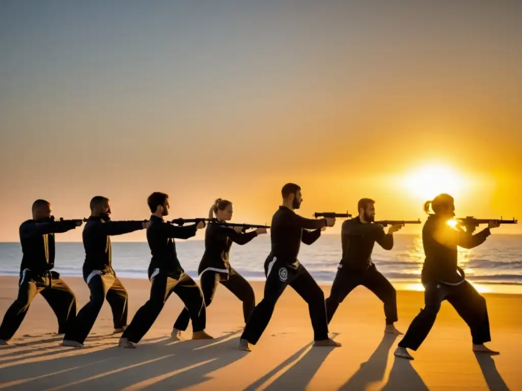 Entrenamiento de Krav Maga al amanecer en la playa de Israel, mostrando fuerza y belleza natural