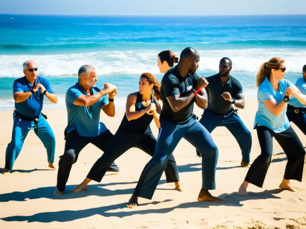 Entrenamiento de Krav Maga en la playa de Israel, retratando fuerza y superación en retiros de defensa personal en Israel