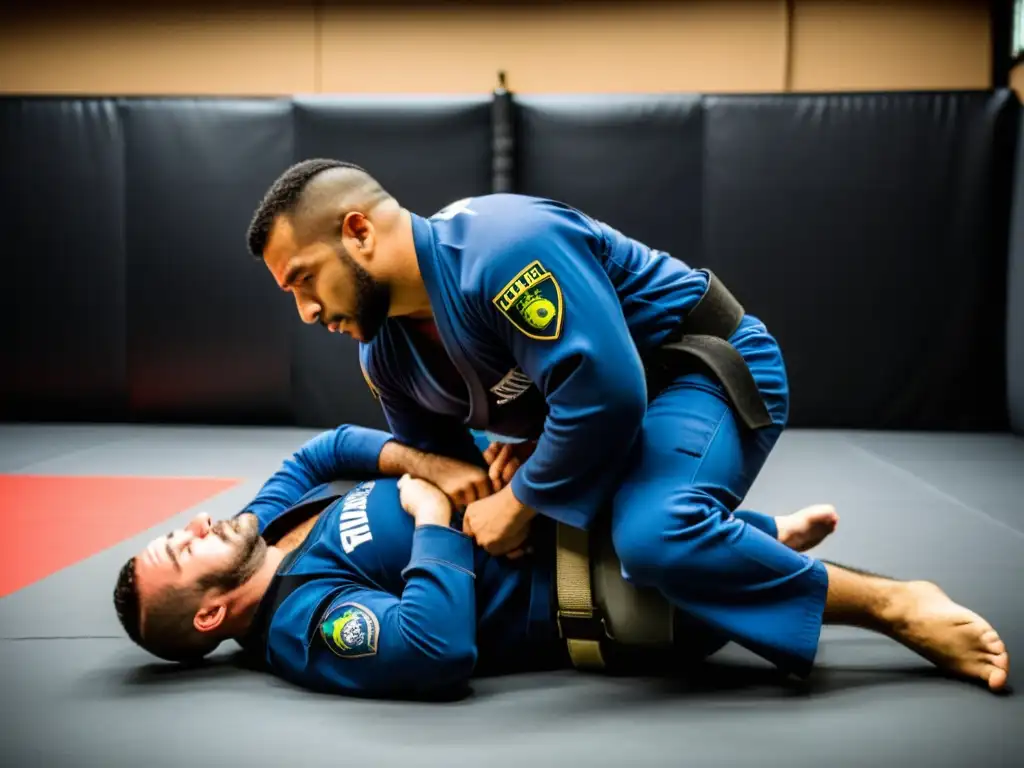 Entrenamiento policial jiu-jitsu brasileño con policías en tácticas, concentración y determinación en un ambiente de entrenamiento intenso