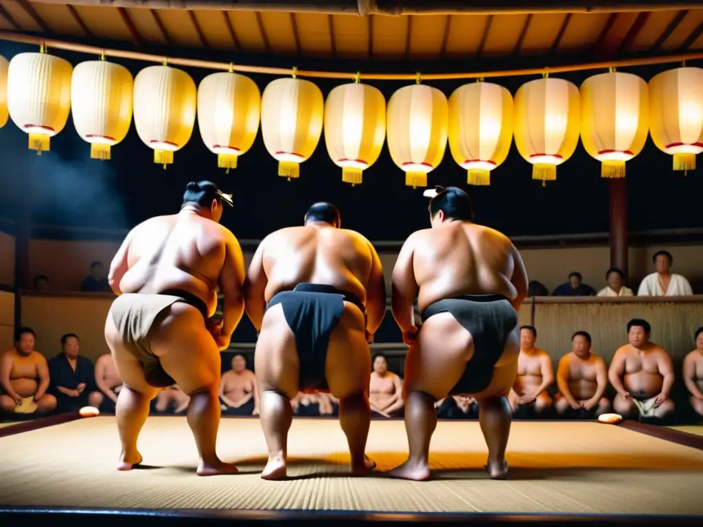 Ritual de sumo: Intensidad y tradición en un establo Entrenamiento y rituales del Sumo: Sumotoris realizan ceremonia de pisoteo antes de un combate, bajo tenue luz de linternas en el establo