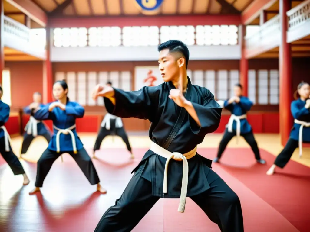 Entrenamiento de Sanda para Kung Fu en un salón tradicional, con instructor demostrando técnica y estudiantes enfocados