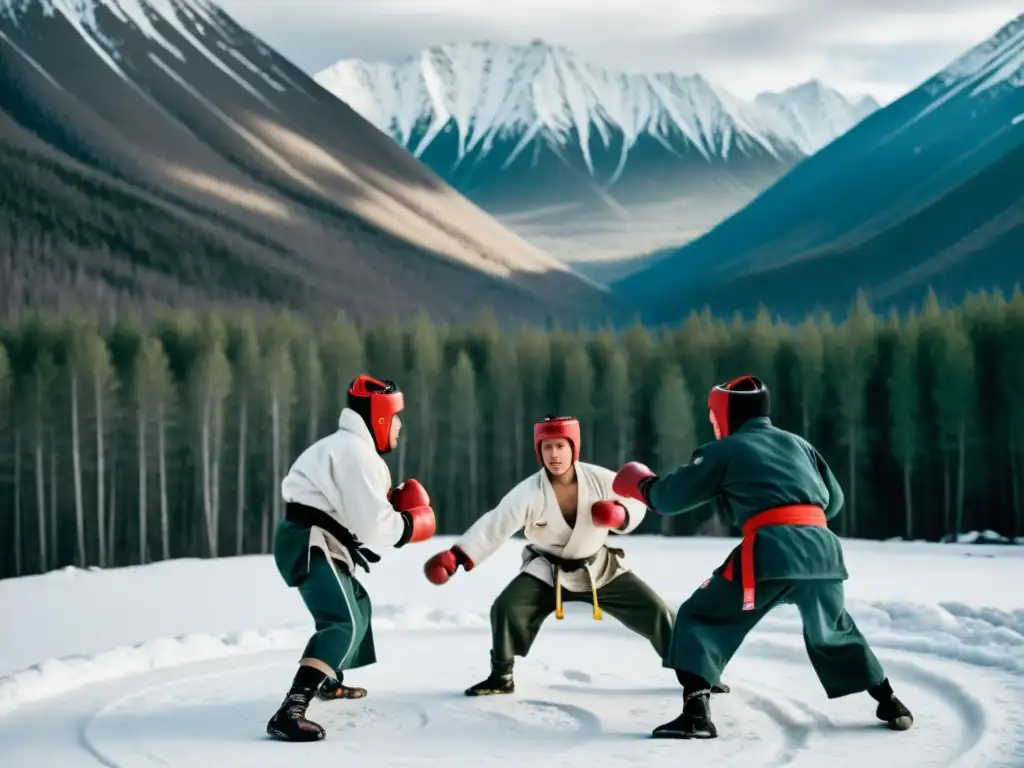 Entrenamiento de sambo en Rusia con luchadores concentrados y montañas nevadas al fondo, reflejando la pasión y disciplina de este arte marcial