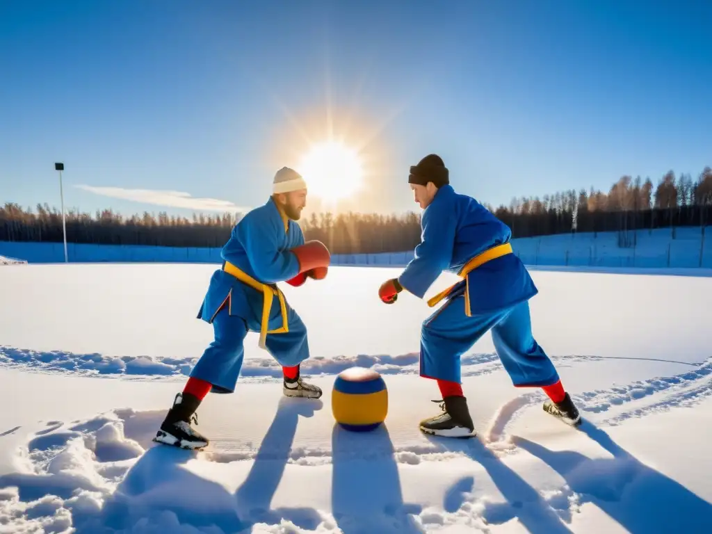 Entrenamiento de sambo en la nieve al atardecer, con el sol dorado y paisaje invernal, reflejando el origen y técnicas del Sambo