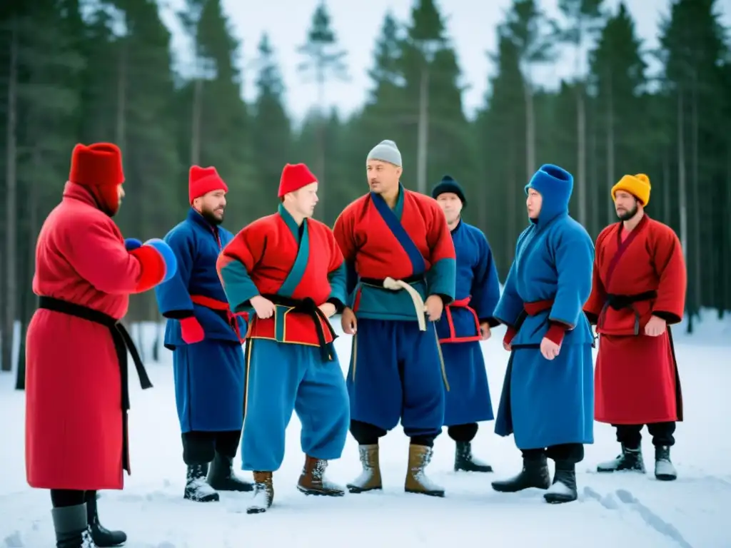 Entrenamiento de Sambo en Rusia: Practicantes en el bosque nevado, demostrando técnicas de sambo, con un instructor guiándolos