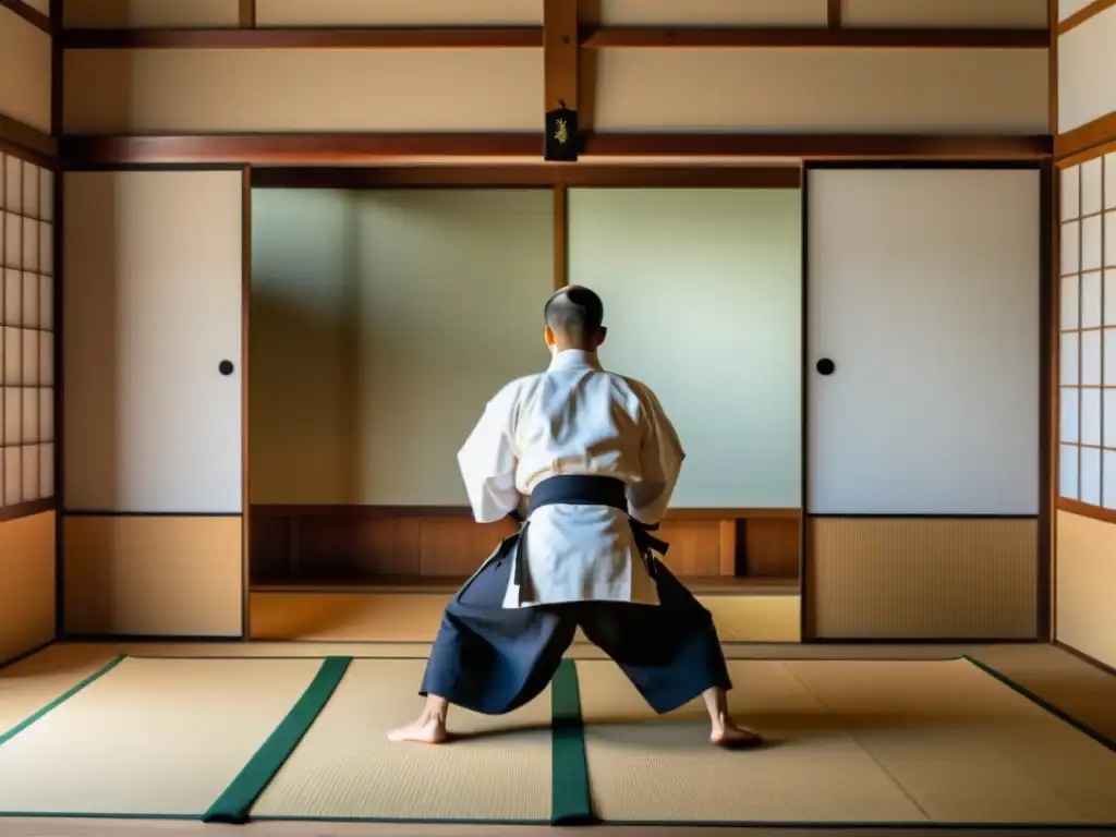 Entrenamiento samurai en dojo japonés con estudiantes practicando Aikido bajo la guía de un sabio sensei