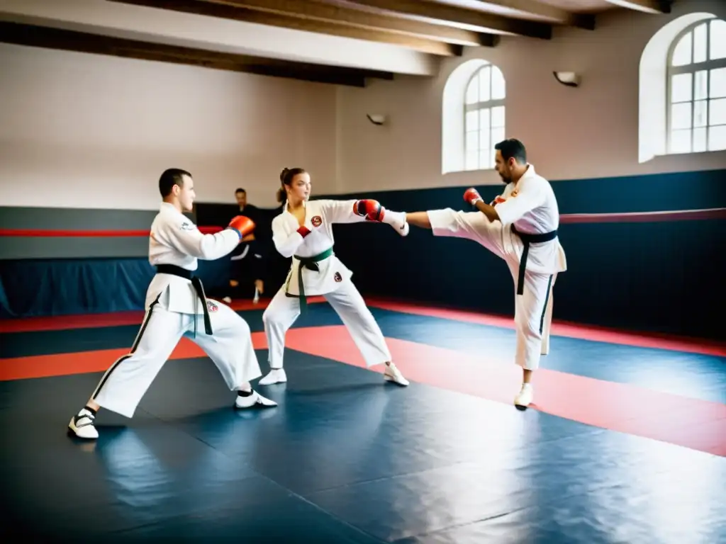 Entrenamiento de savate francés en un dojo histórico de París, con practicantes dedicados y un ambiente de disciplina y elegancia que refleja la historia y técnicas del savate francés