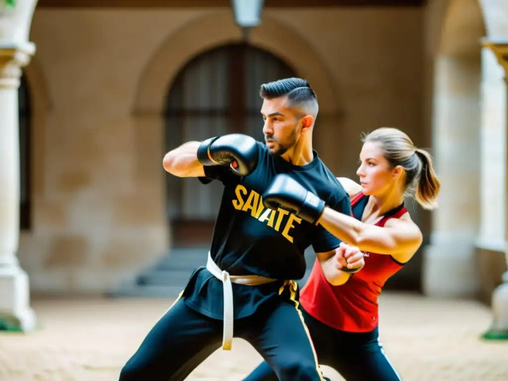 Entrenamiento de Savate en un patio francés histórico, con instructor y estudiantes mostrando gracia y determinación