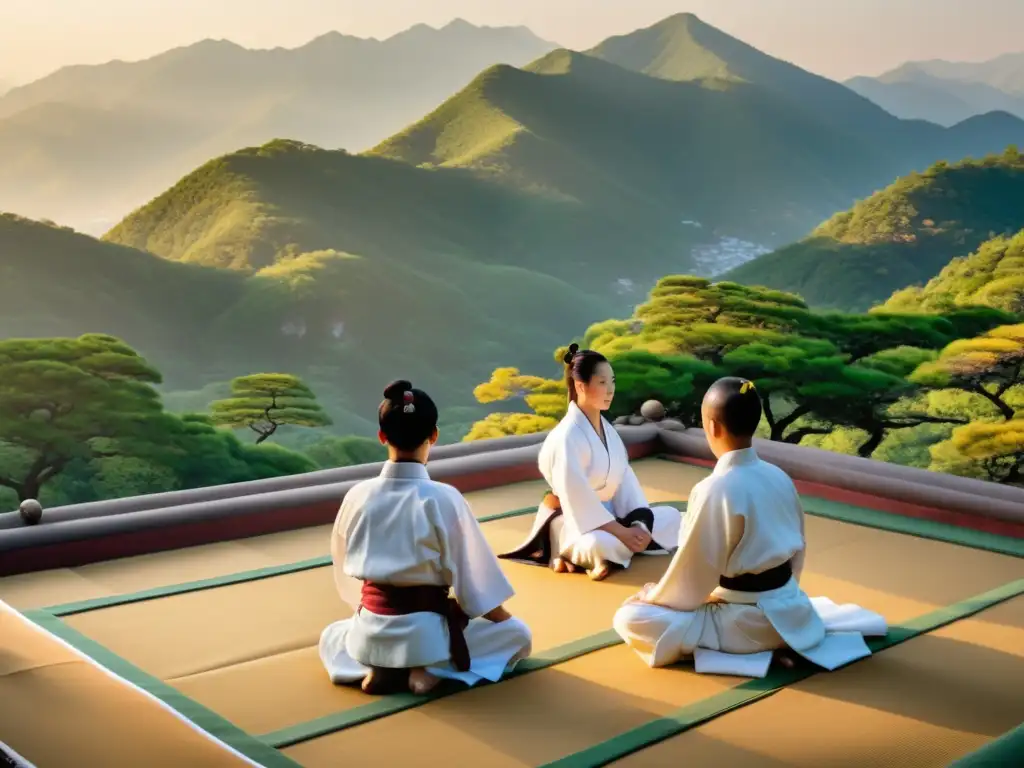 Entrenamiento de Taekwondo al amanecer en un dojo de montaña: disciplina y belleza natural en uno de los mejores destinos para entrenar Taekwondo