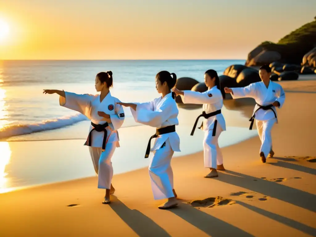 Entrenamiento de taekwondo al amanecer en una playa aislada, mostrando la disciplina y la conexión con la naturaleza