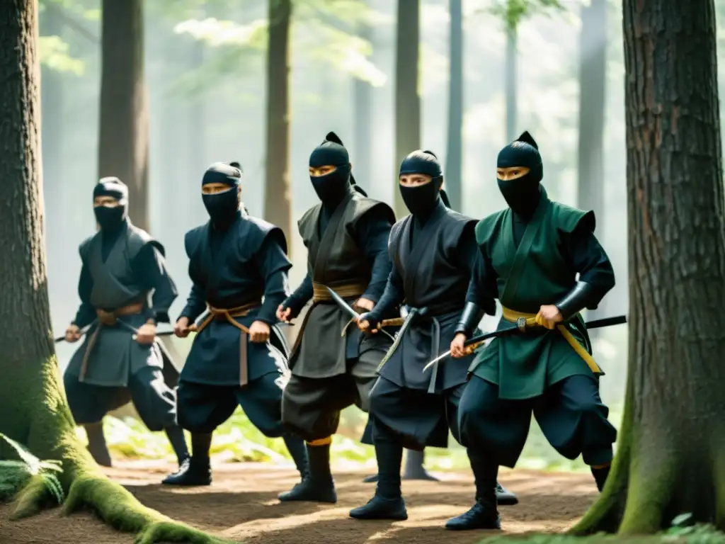 Entrenamiento en técnicas de Ninjutsu: grupo de ninjas practicando sigilosamente en un bosque antiguo, entre árboles altos y sombras dramáticas