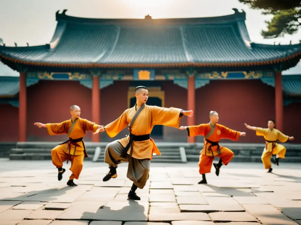 'Entrenamiento tradicional de Kung Fu Shaolin en un antiguo patio, con movimientos dinámicos y precisos bajo la cálida luz del sol