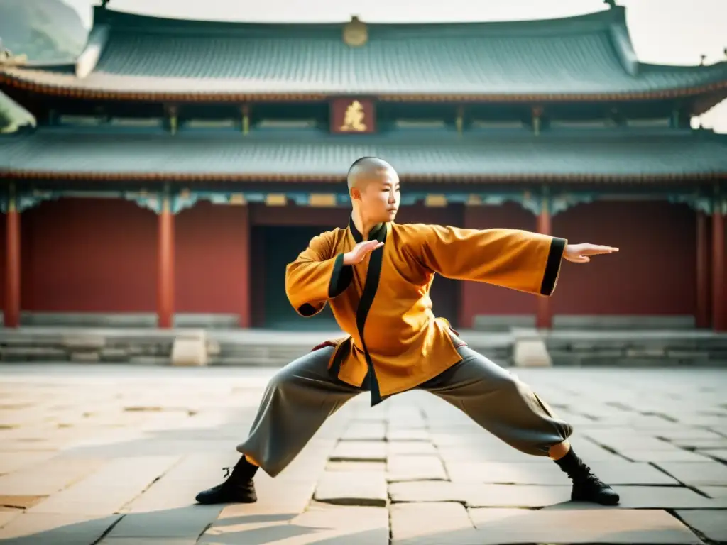 Entrenamiento tradicional de Kung Fu Shaolin: Estudiantes practican formas en un patio soleado frente al icónico Templo Shaolin