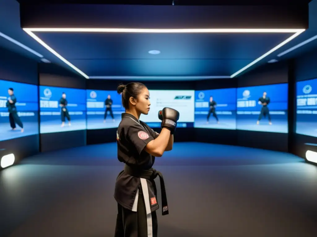 Estación de entrenamiento virtual de artes marciales con avanzada tecnología y simulaciones realistas, practicantes demostrando enfoque y precisión