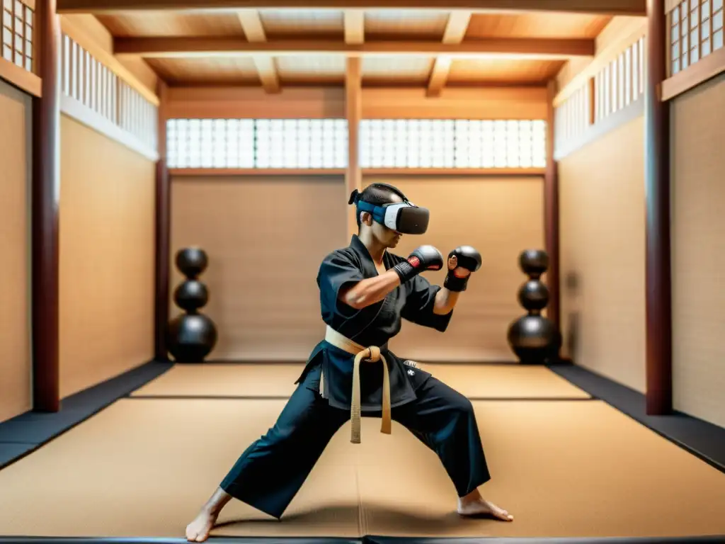 Estación de entrenamiento virtual de artes marciales: inmersión en la tradición y tecnología de vanguardia, con un practicante ejecutando movimientos precisos en un entorno hiperrealista