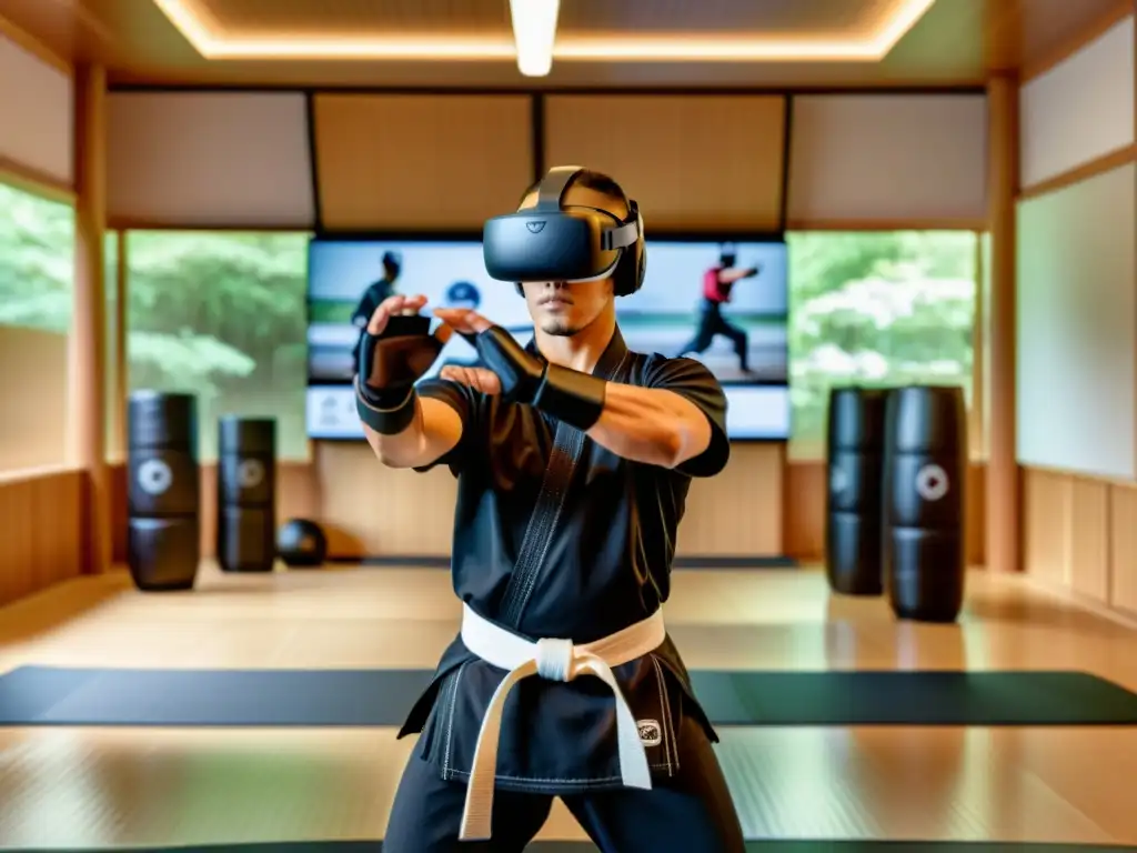 Estación de entrenamiento virtual de artes marciales con tecnología VR inmersiva y practicante ejecutando técnica precisa