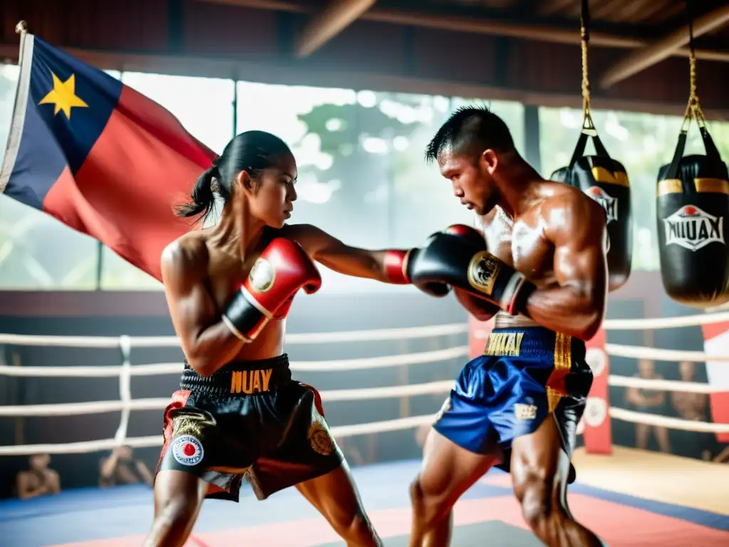 Entrenamiento intenso de Muay Thai en un gimnasio auténtico Entrenamientos cardiovasculares Muay Thai: Luchadores entrenando con determinación en un gimnasio auténtico, con energía cruda y arte tailandés