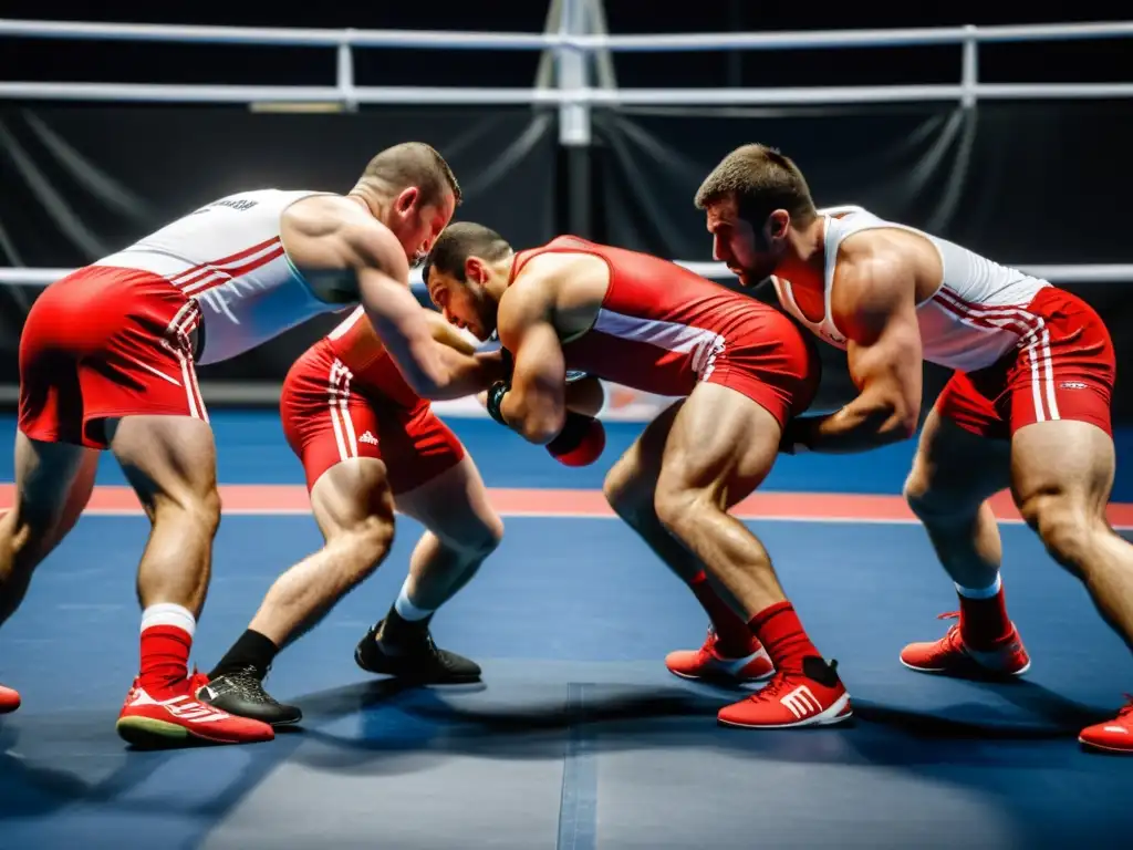 Entrenamientos intensivos lucha olímpica Bulgaria: Luchadores búlgaros en singlets rojos y blancos entrenan con determinación en un gimnasio tenue, ejecutando movimientos poderosos y complejos, con el foco en sus rostros y la bandera búlgara de fondo