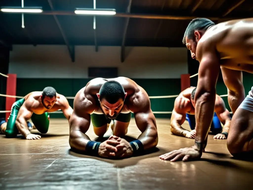 Entrenamientos intensivos de lucha olímpica en Bulgaria: luchadores sudorosos se esfuerzan en un gimnasio rústico, bajo la atenta mirada del entrenador