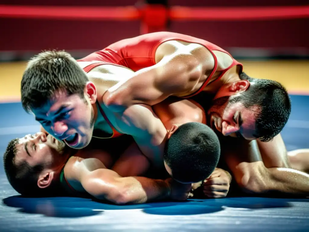 Entrenamientos intensivos de lucha olímpica en Bulgaria: Jóvenes luchadores sudorosos luchan con determinación en un viejo tatami, mientras el entrenador observa atentamente desde el costado