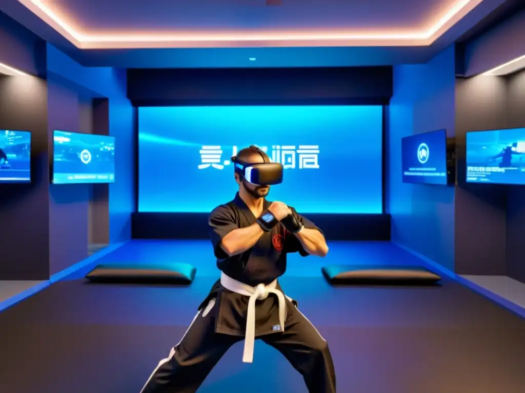 Entrenamientos marciales con realidad virtual: dojo futurista con practicantes usando tecnología VR y luces azules